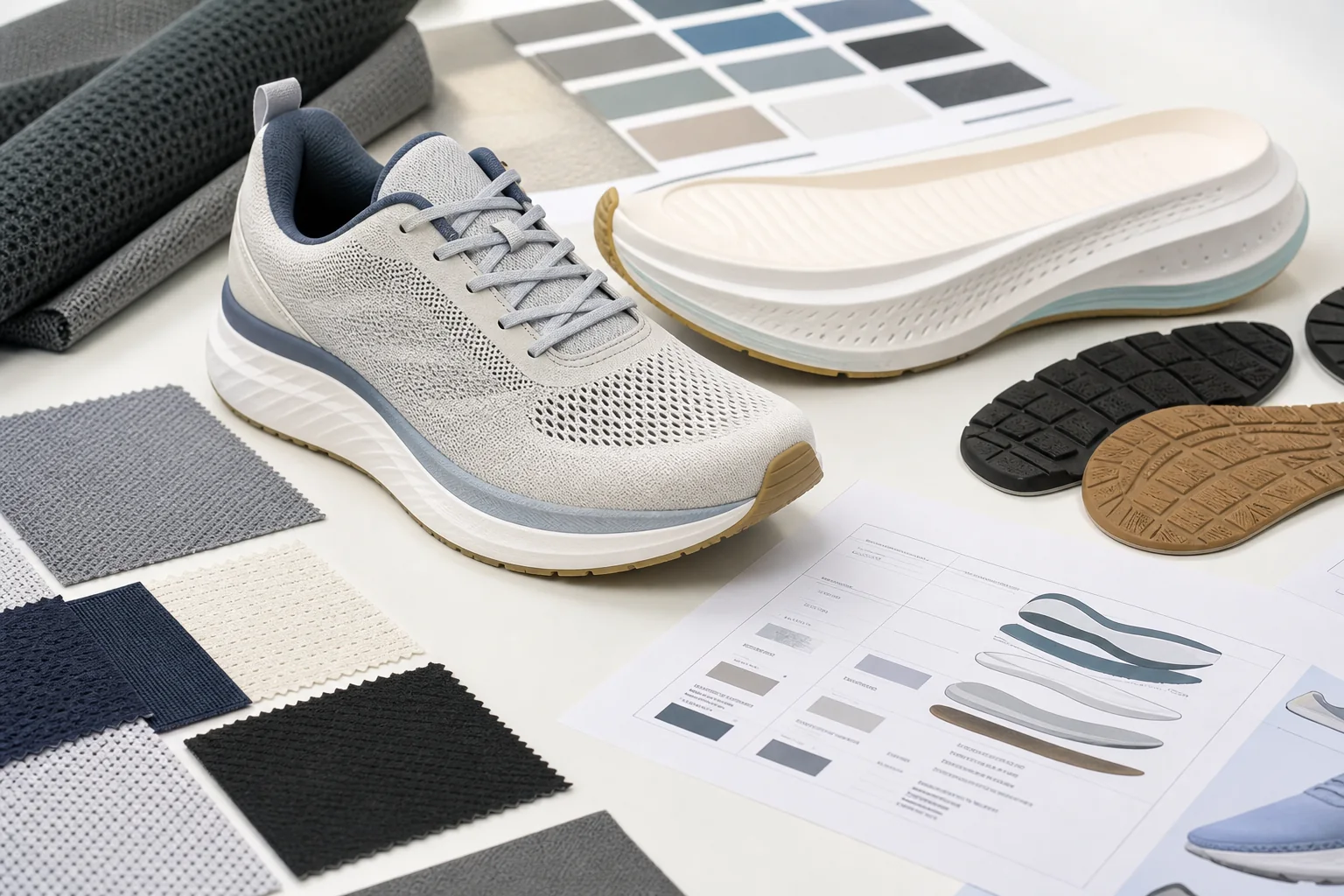 Running shoe product brief with upper material, outsole and branding references arranged for a wholesale inquiry