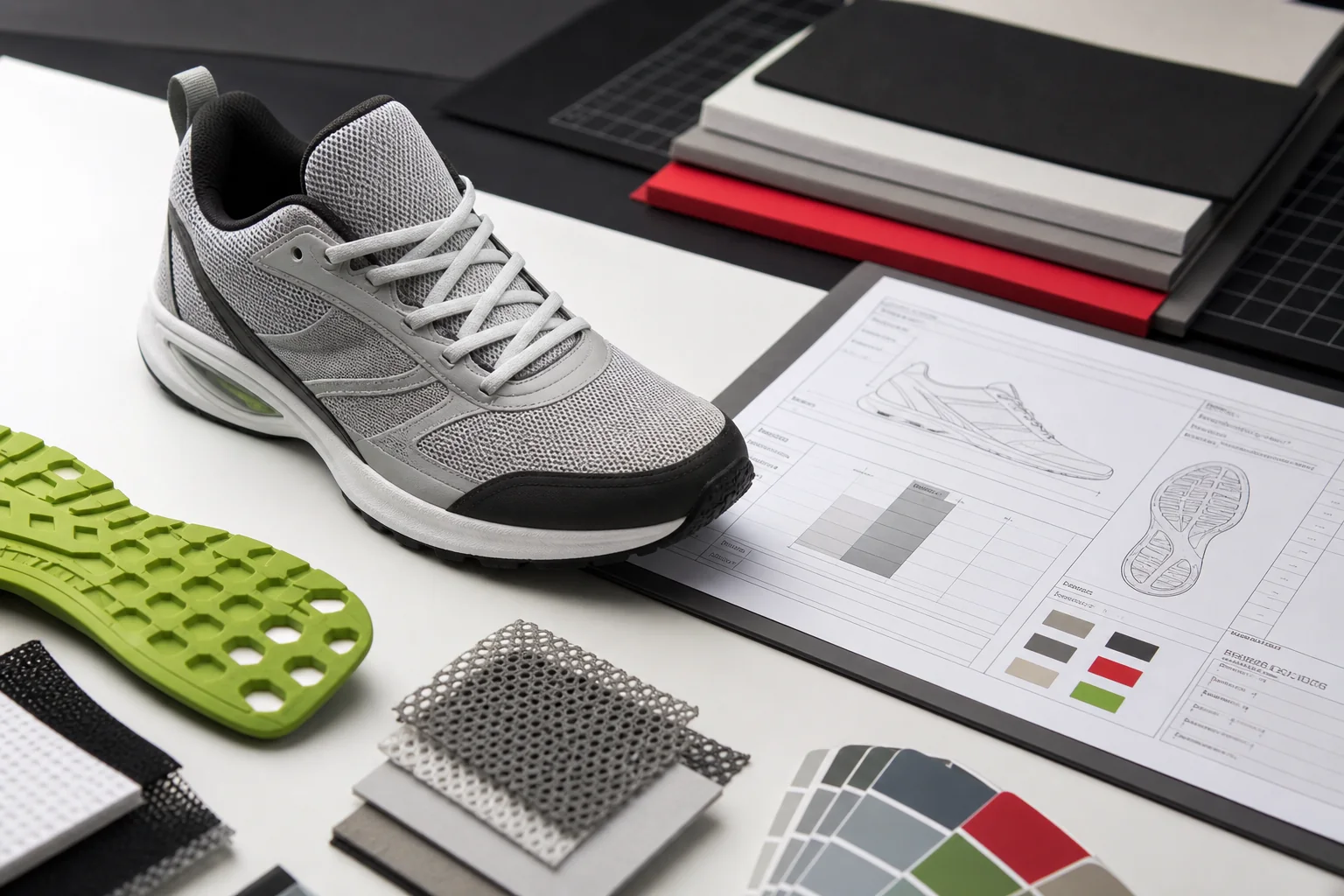 Athletic sneaker beside a structured RFQ sheet showing upper, sole, branding and material specification fields