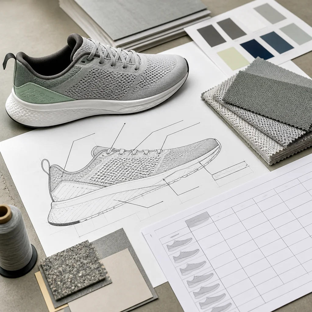 Running-shoe sourcing brief with upper drawings, material swatches and a quote-readiness matrix