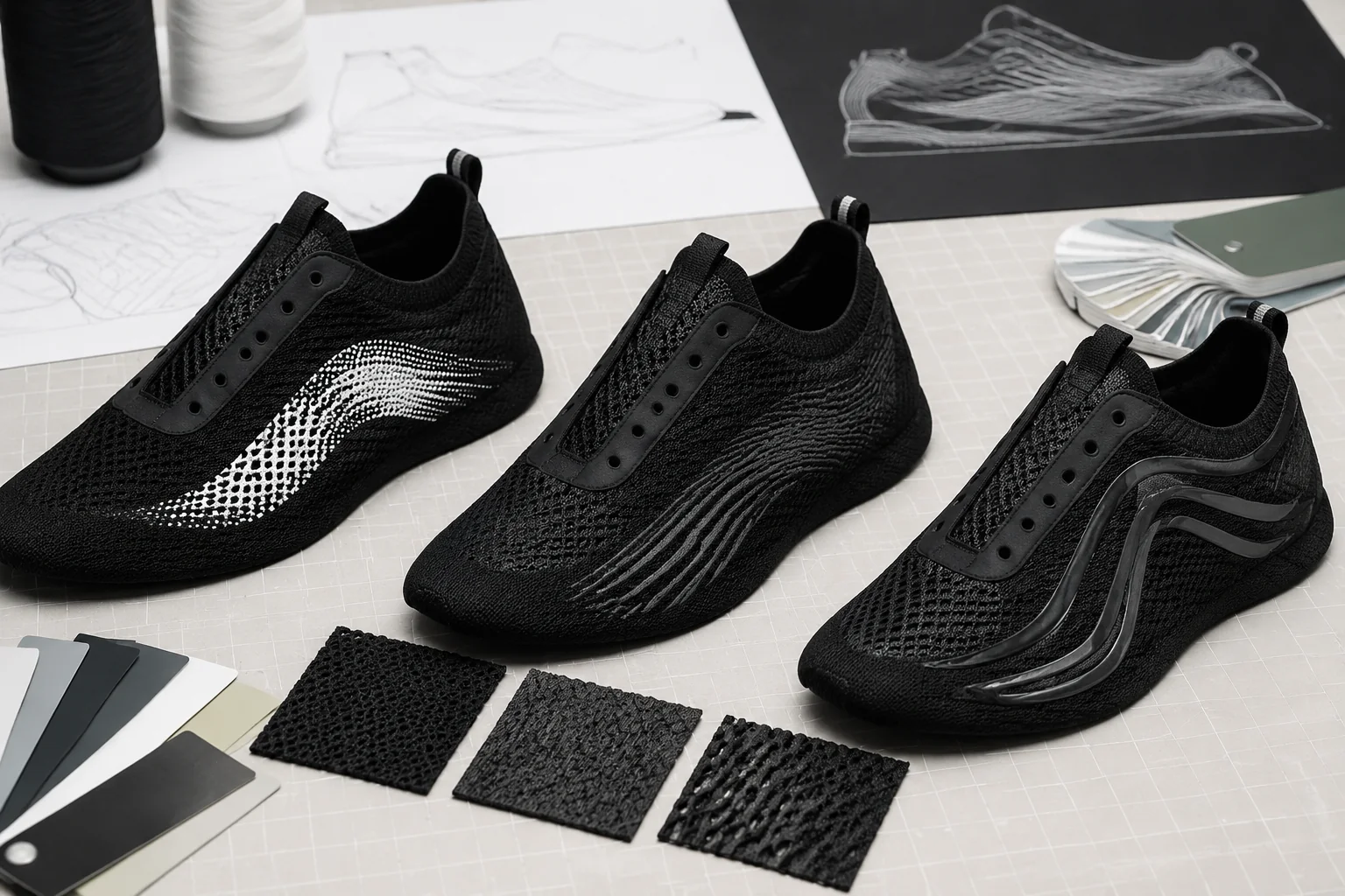 Engineered-mesh athletic sneaker upper with mapped logo zones for print, film and TPU overlay branding