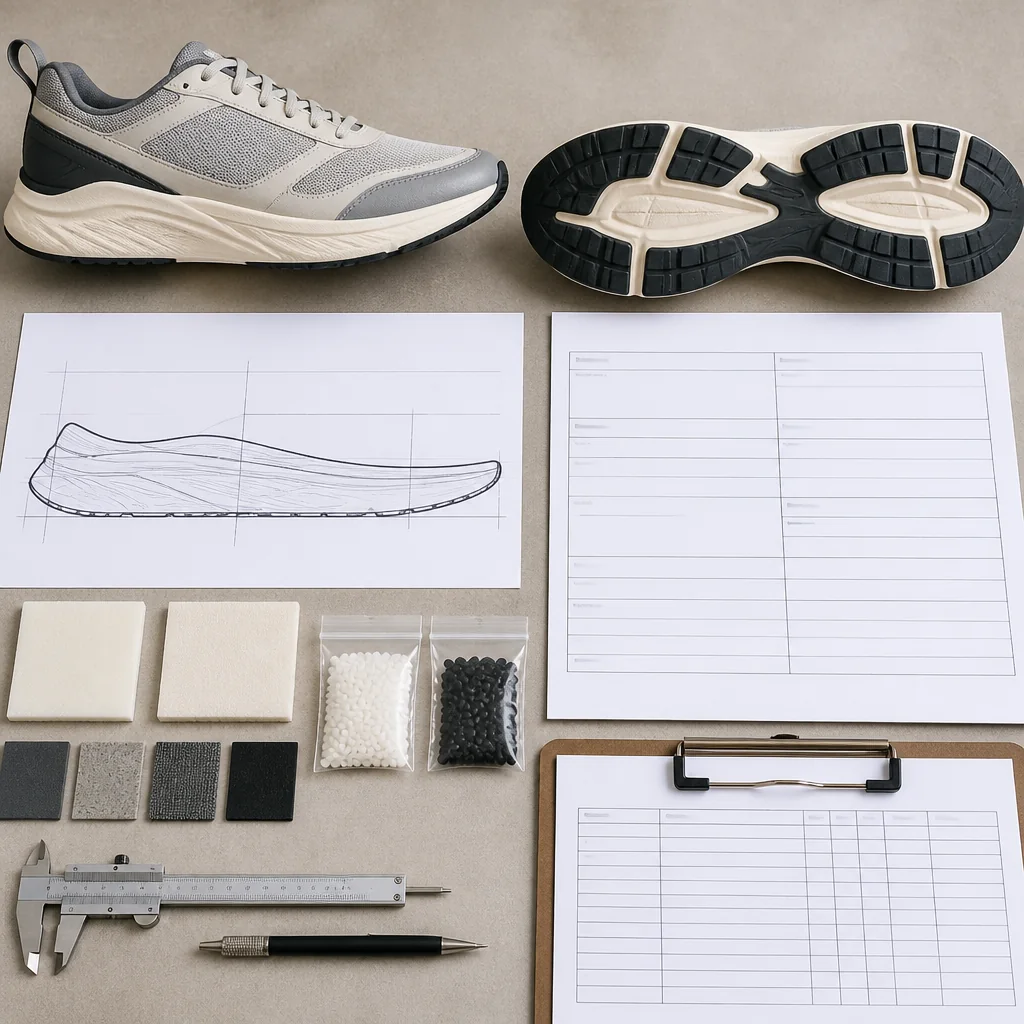 Running-shoe buyer brief separating midsole, outsole, material status, DFM questions, BOM and tooling