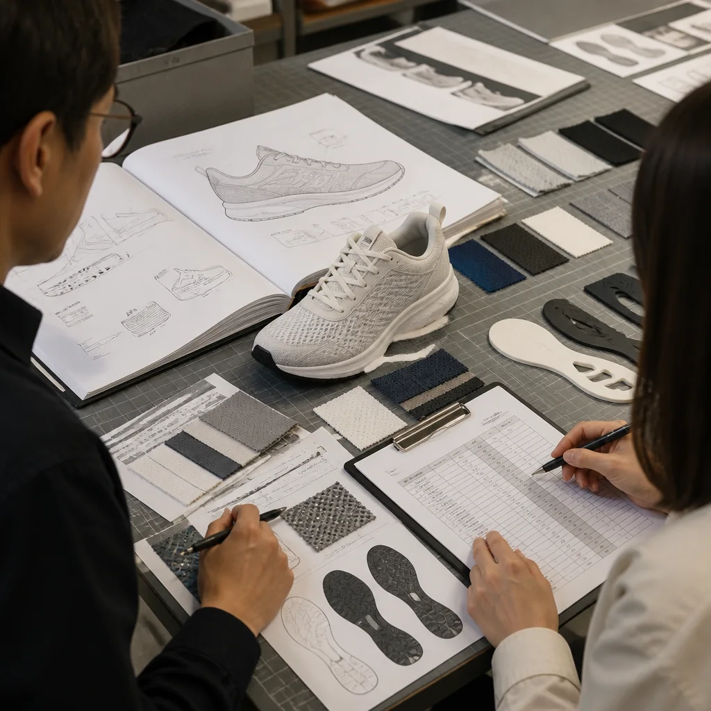 Footwear product developers comparing a running-shoe tech pack, material specifications and sample records at a worktable