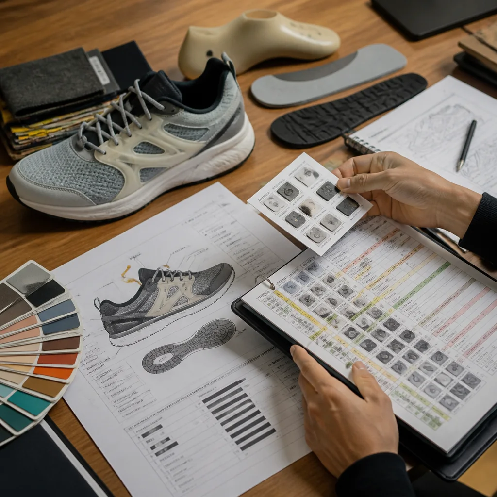 Footwear buyer reviewing a DFM disposition register beside shoe specification documents