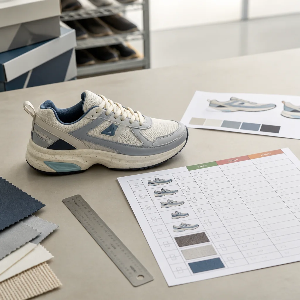 Branded athletic sneaker beside a golden-sample reference and repeat-order sizing audit