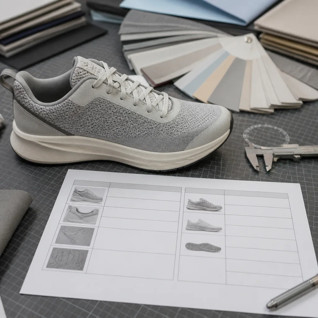 An unbranded running-shoe sample beside a two-track buyer memo for material and logo questions and golden-sample size controls.