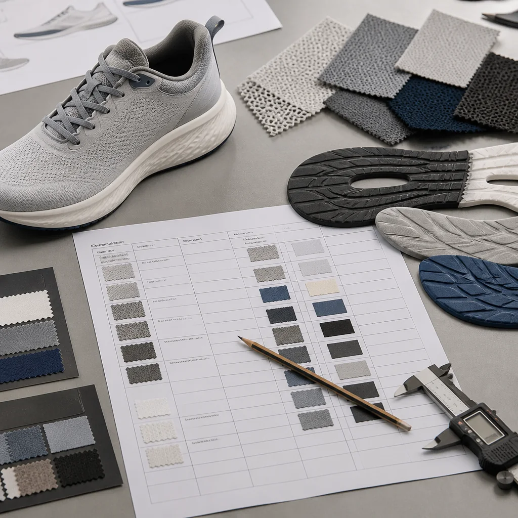 Running shoe material confirmation matrix beside upper and outsole component samples