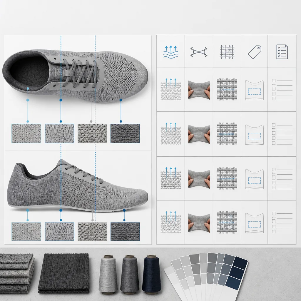 Running shoe upper zone worksheet marking the toe, eyestay, branding locations and open mesh construction questions
