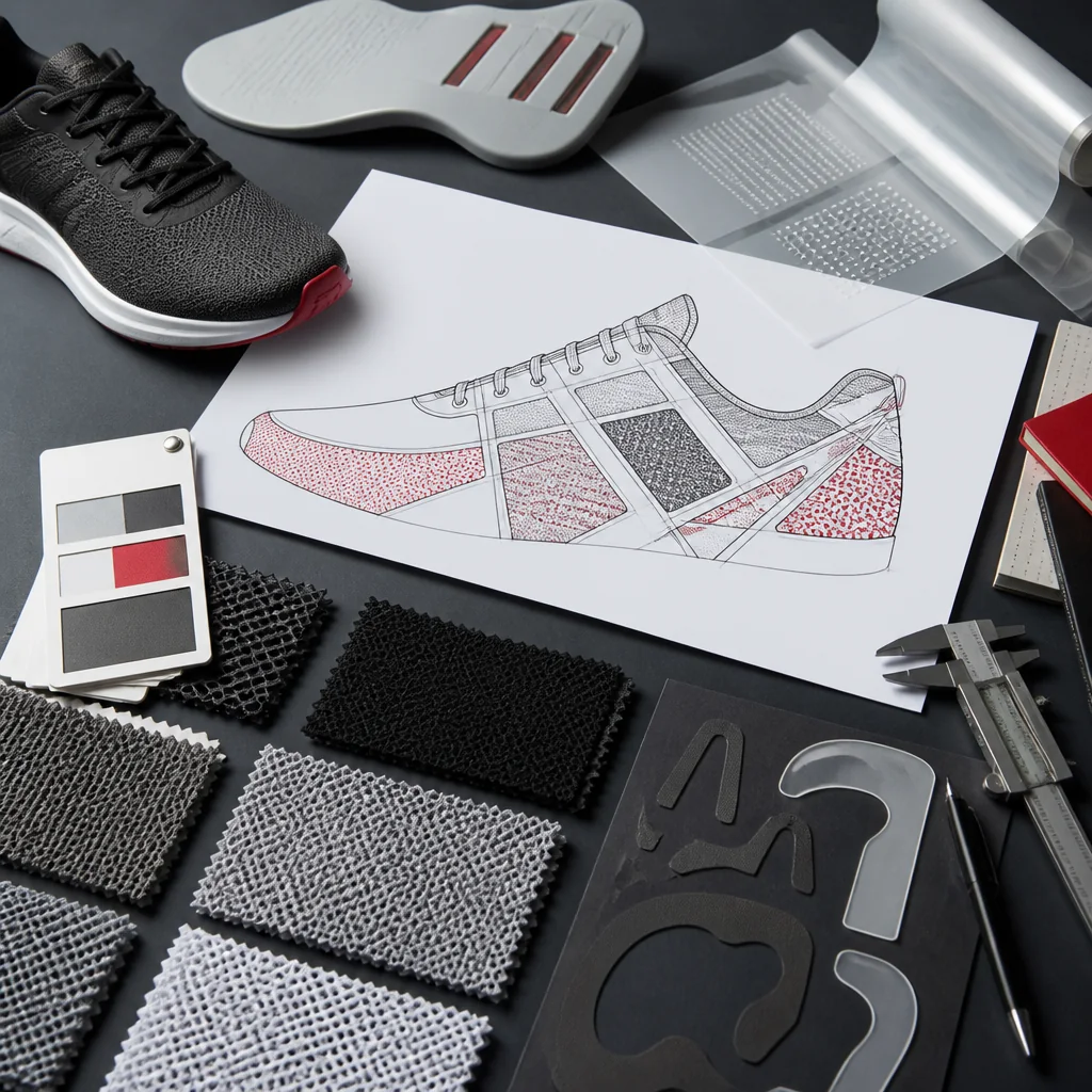 Footwear development desk with a sneaker upper drawing divided into mesh zones, material swatches and decoration callouts