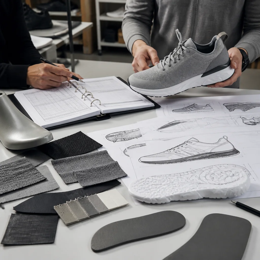 Footwear product developer comparing a shoe tech pack with a DFM exception register