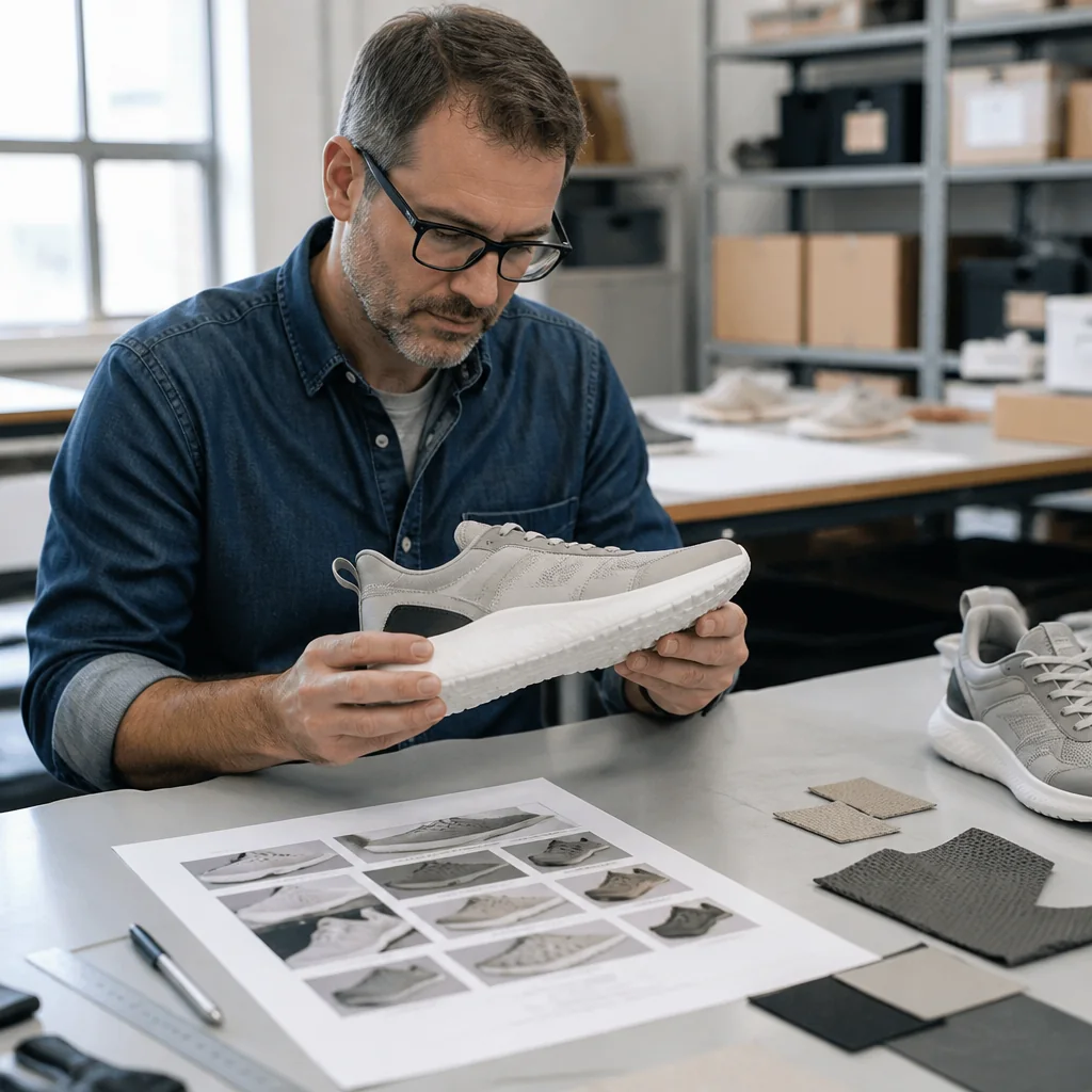 Footwear buyer reviewing an athletic shoe reference sample beside a structured supplier evidence record