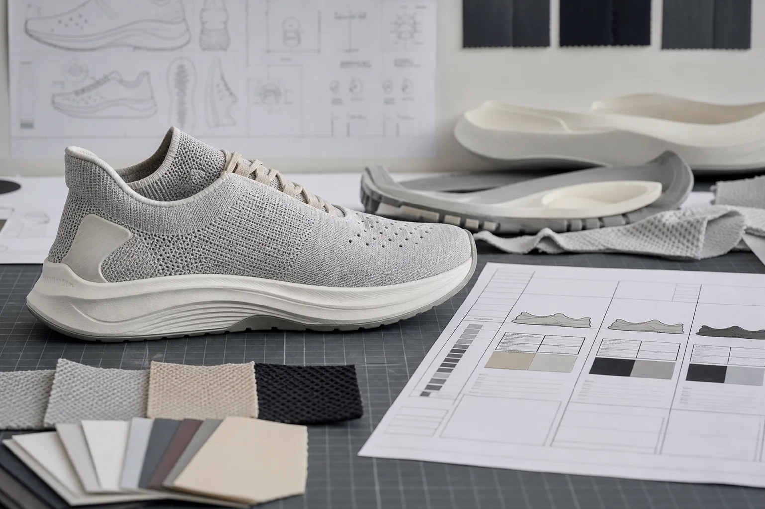 Running shoe product brief with construction notes, material swatches, and separate retail and ecommerce fields.