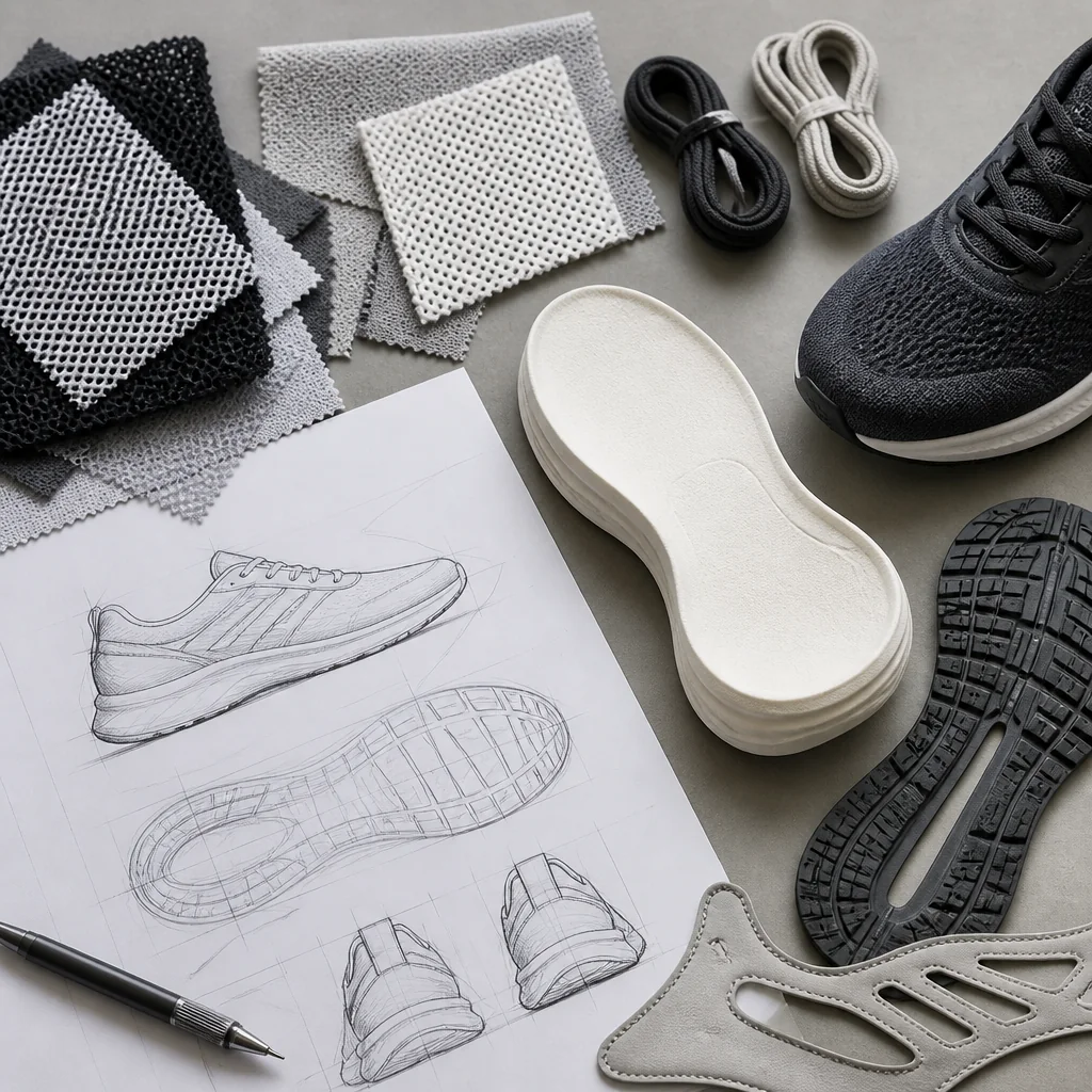 Unbranded running shoe components and material swatches on a product-development work surface