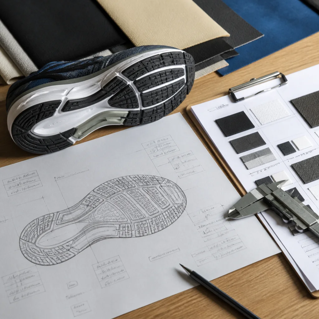 Footwear product developer reviewing a running-shoe outsole drawing and specification record