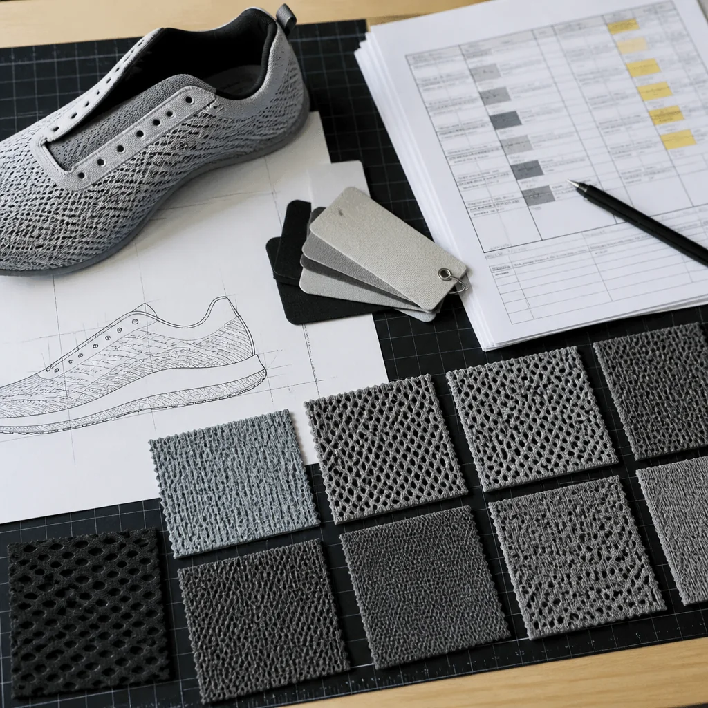Engineered-mesh swatches beside a sneaker tech pack and buyer-created material disposition record