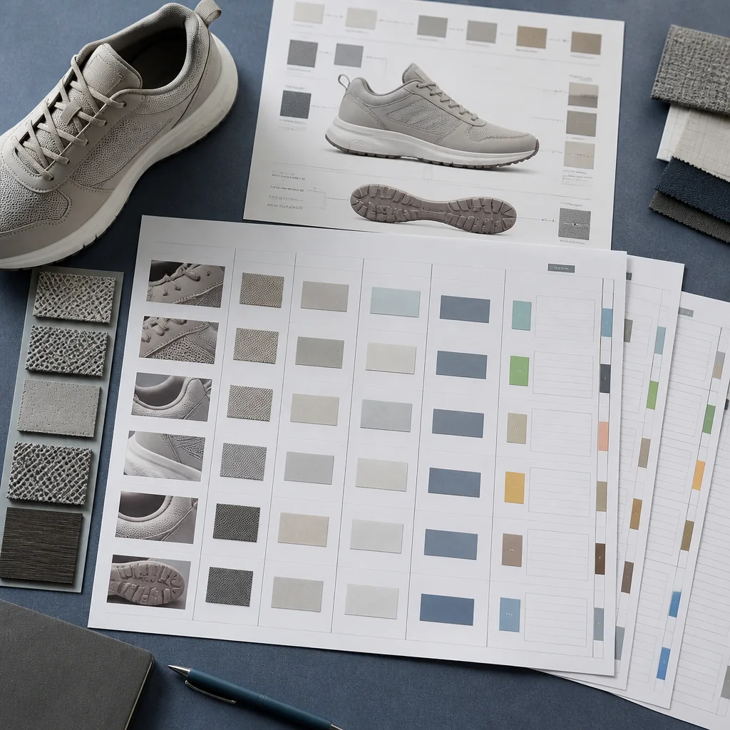 Buyer-created scope ledger beside a walking shoe and manufacturer quote responses