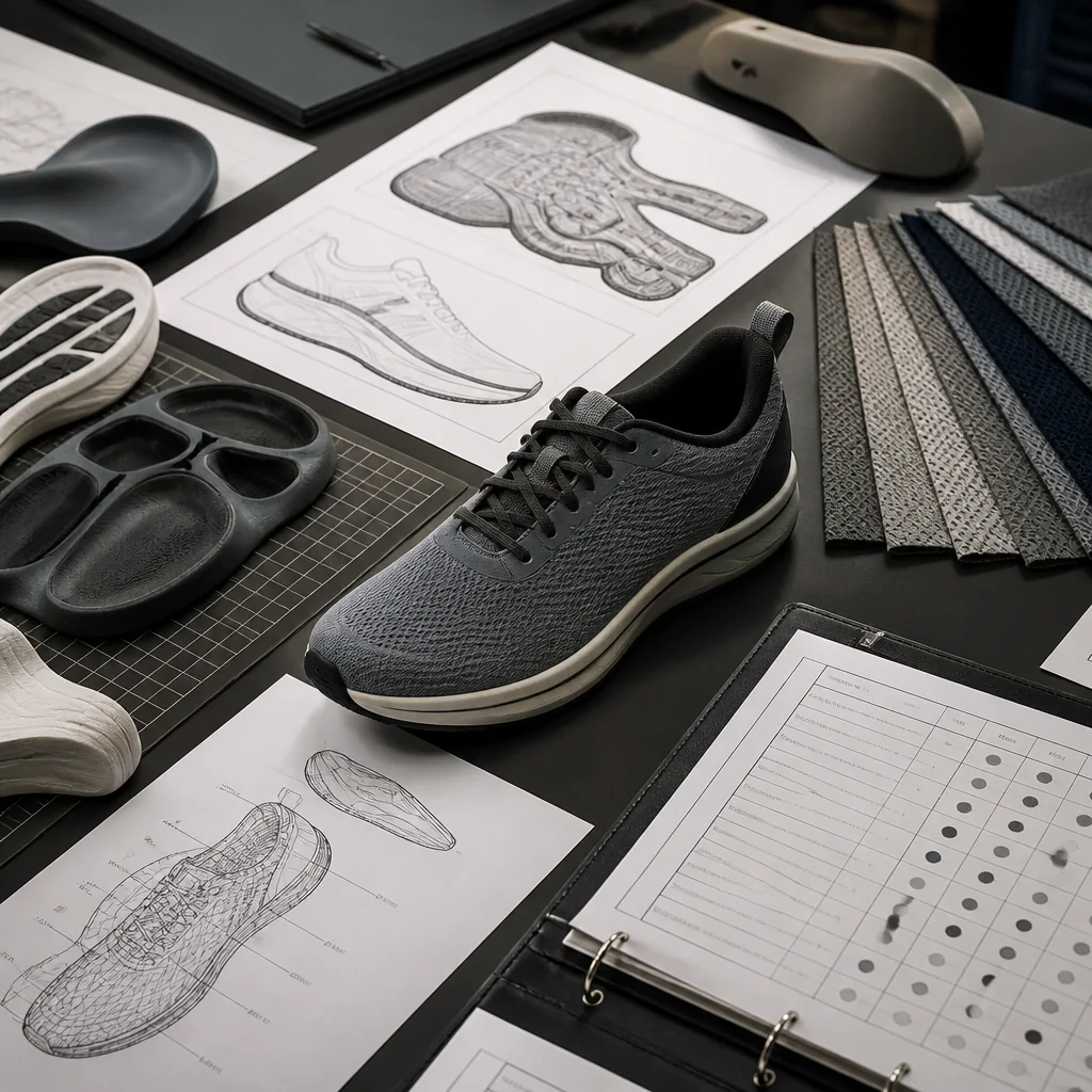 Running-shoe tech pack, upper material swatches and DFM decision register arranged on a product-development desk