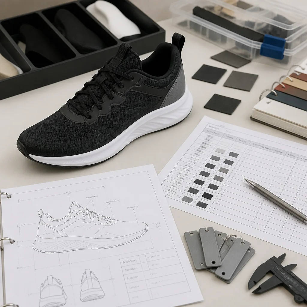 Athletic sneaker beside versioned tech pack, bill of materials and tooling reference documents