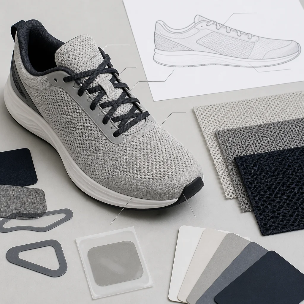 Athletic sneaker specification workspace with marked mesh upper zones, material swatches and branding treatment samples