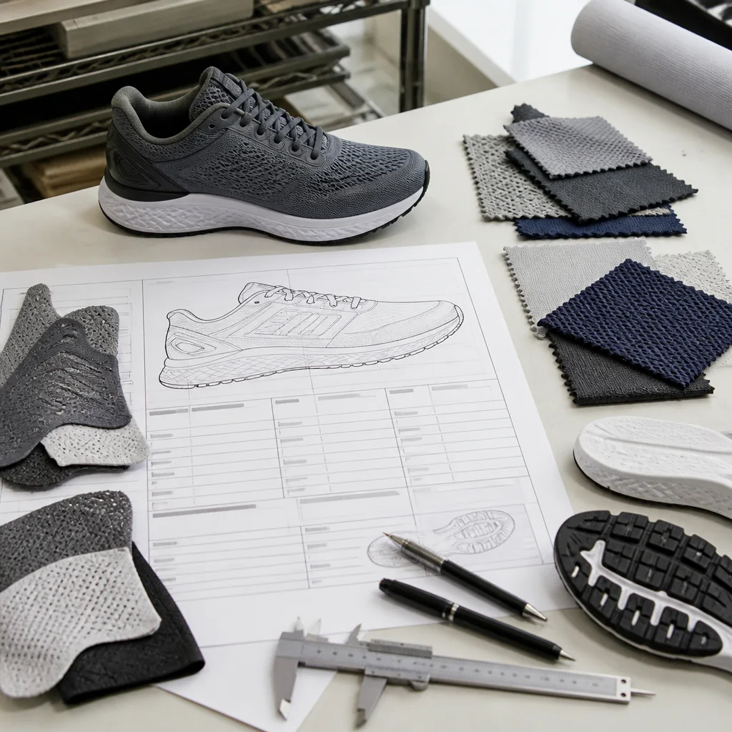 Known-and-open material brief worksheet beside unbranded running-shoe upper and outsole component samples