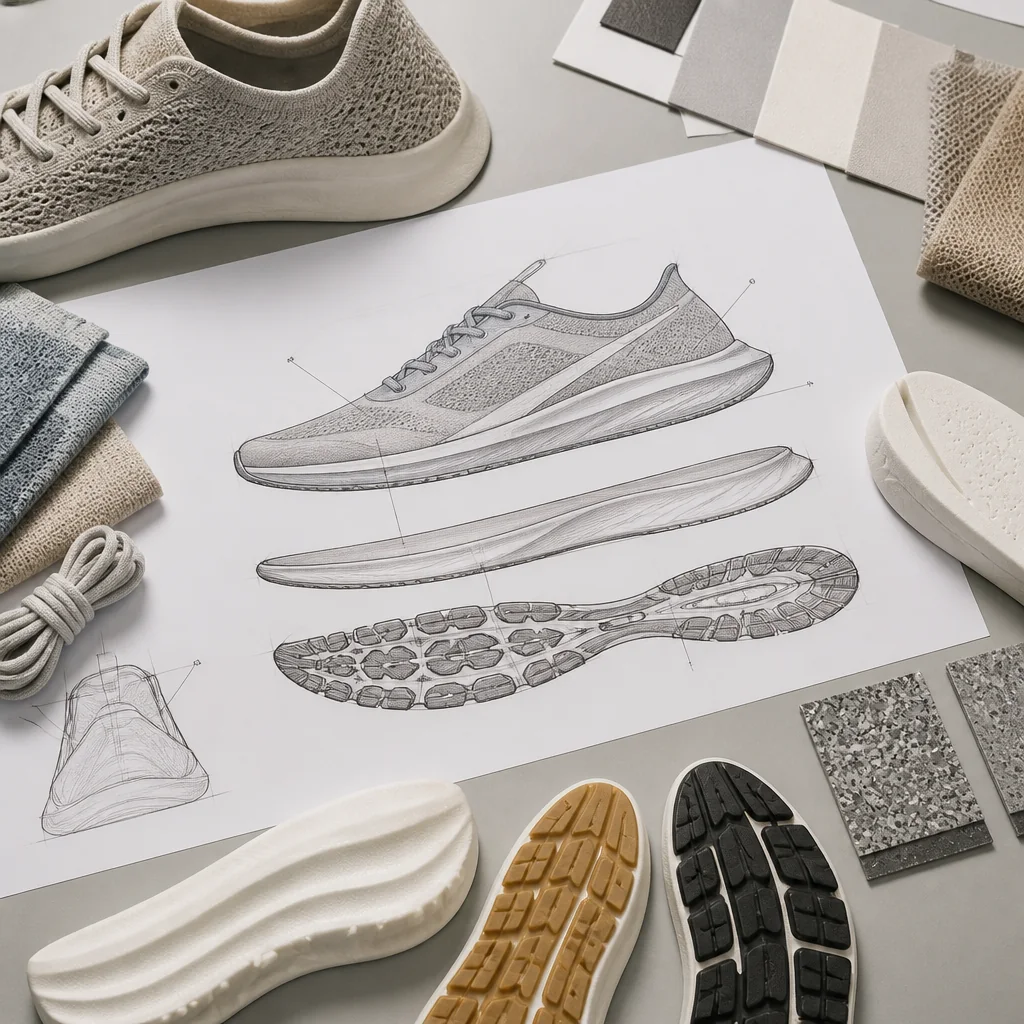 Running shoe technical sketch with separate upper, midsole, and outsole material notes