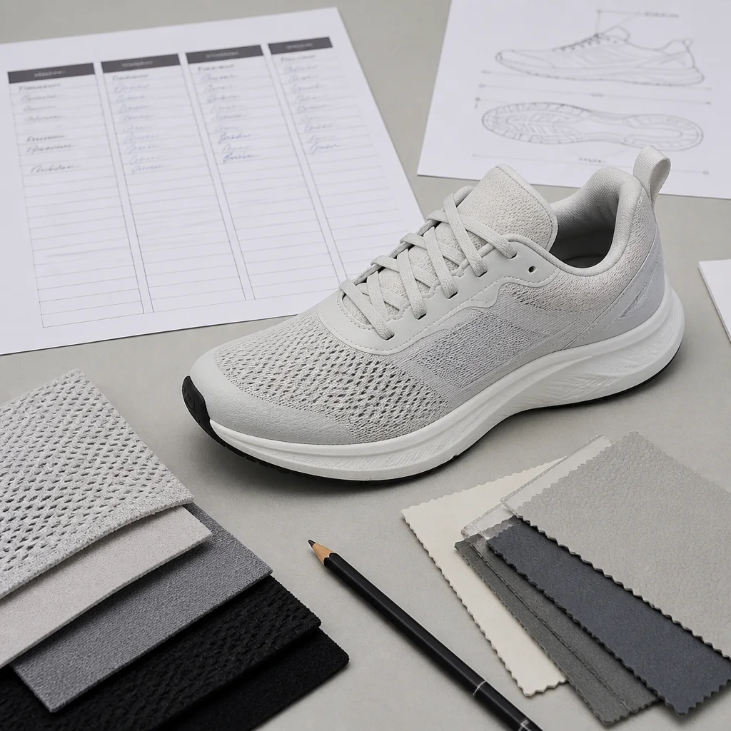 Unbranded running shoe sample beside a structured approval ledger and component notes