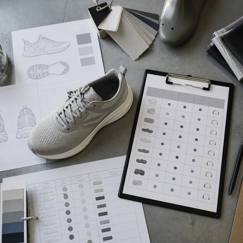 Athletic shoe beside a structured manufacturing quotation comparison matrix