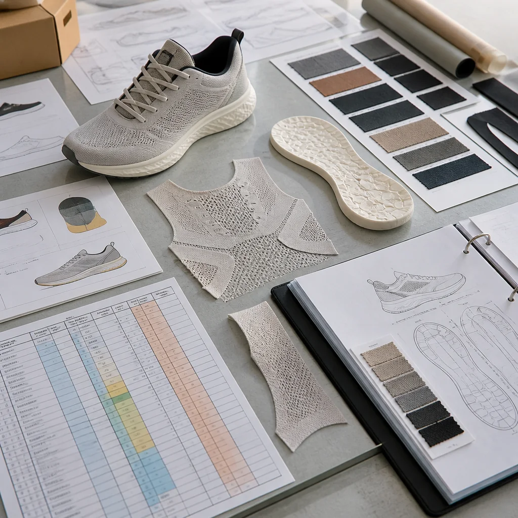 Athletic shoe specification records arranged beside a buyer-owned reorder change matrix and shoe components
