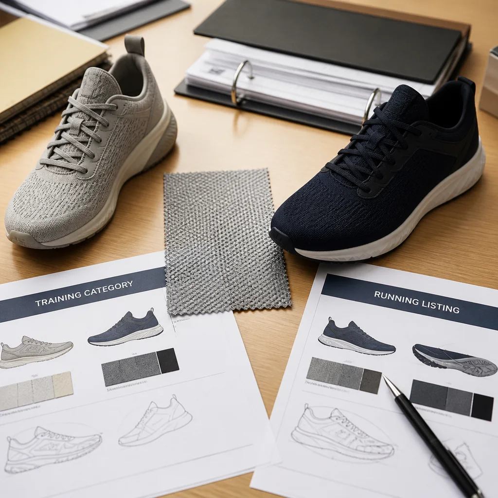 Training category and running listing specification sheets beside an engineered mesh swatch