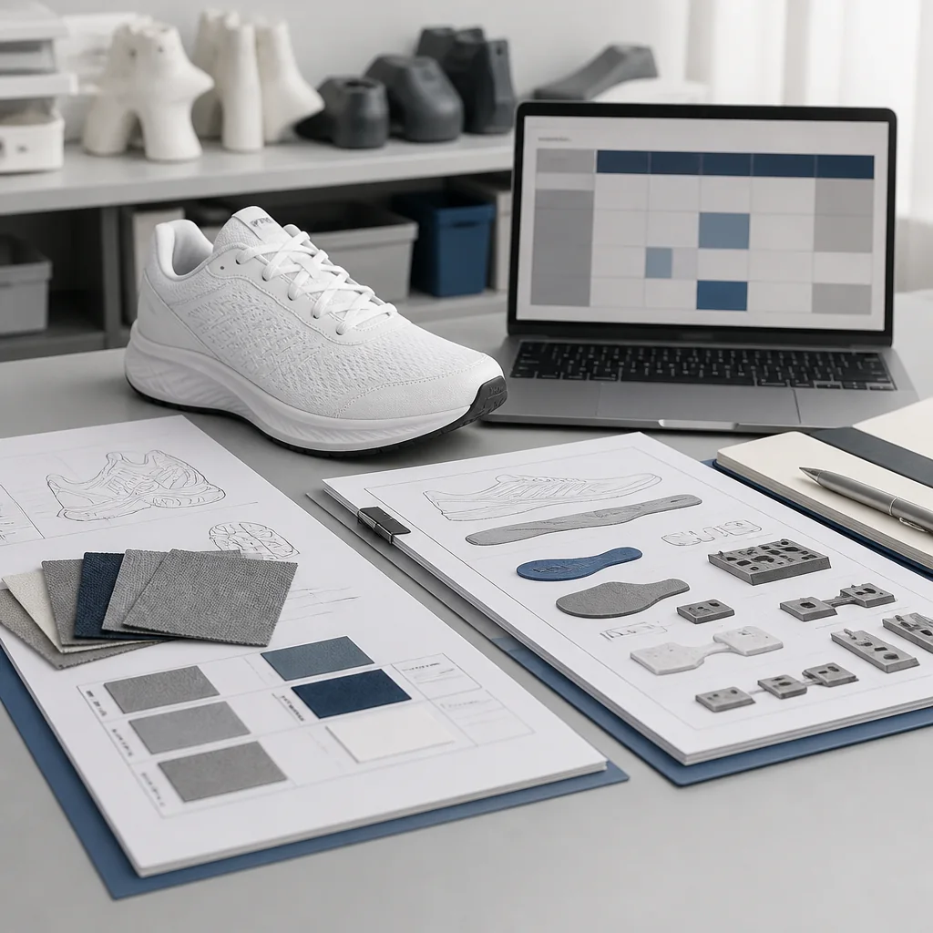 Buyer reviewing a running shoe bill of materials, tooling reference and proposed reorder changes