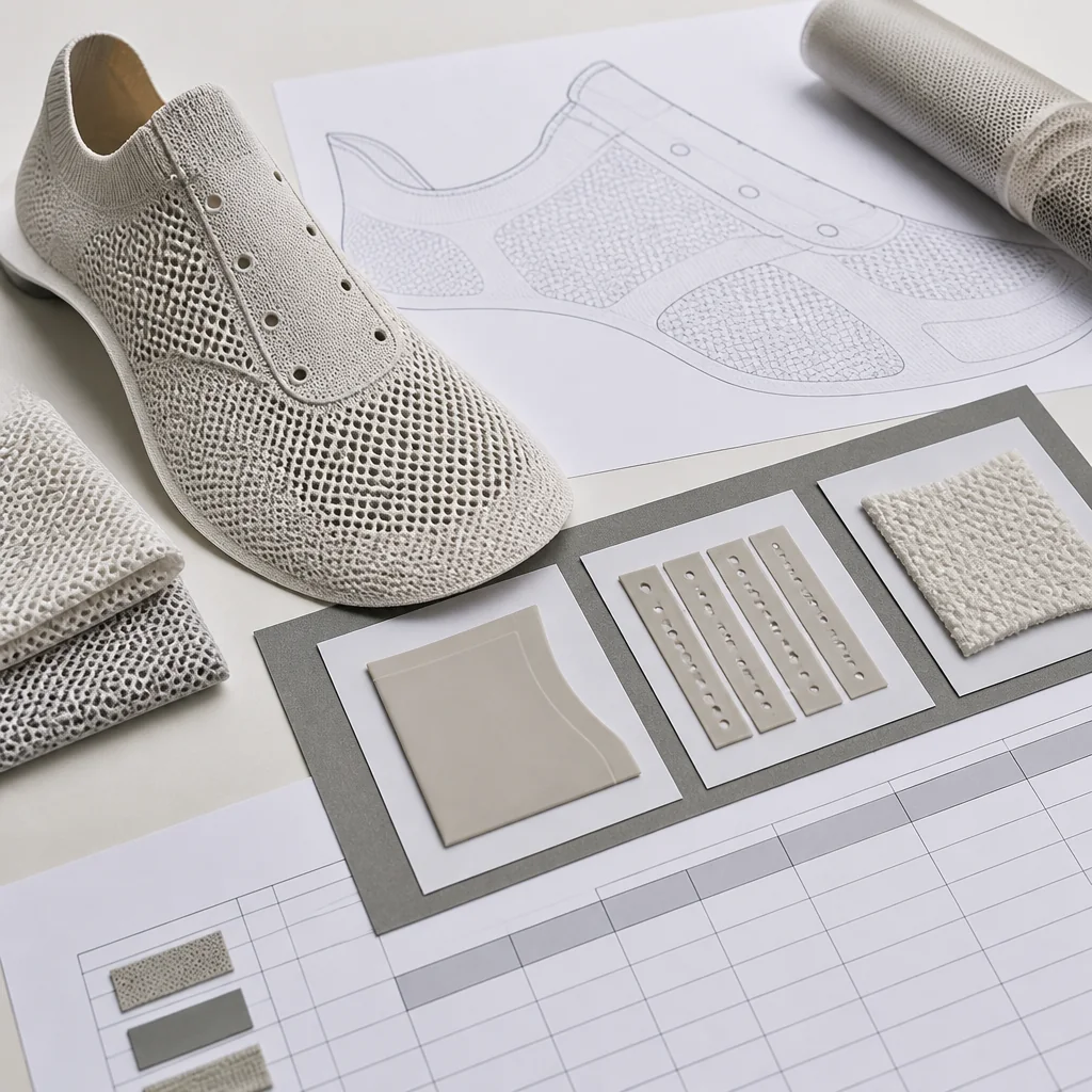 Mesh athletic shoe upper beside a buyer's branding application matrix and material references