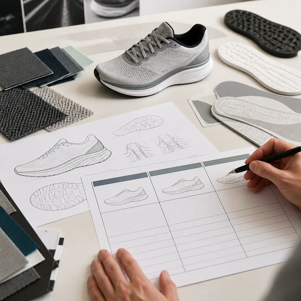 Running-shoe buyer reviewing upper zones, sole references and a product-definition ledger