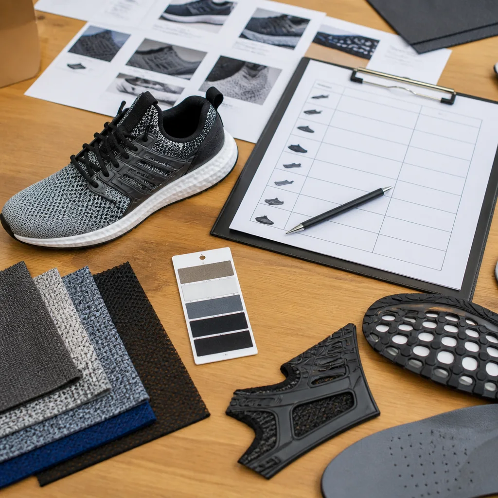Running shoe sample beside a component-addressed revision ledger and marked reference photographs
